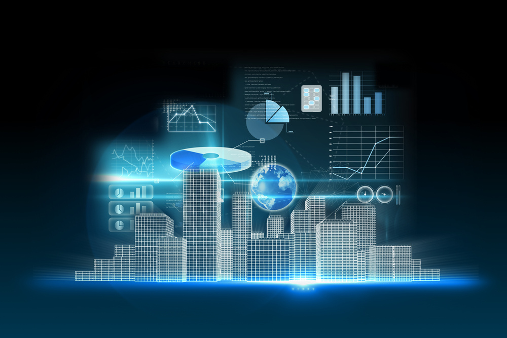 Buildings in white set against a background of blue with data sybols 