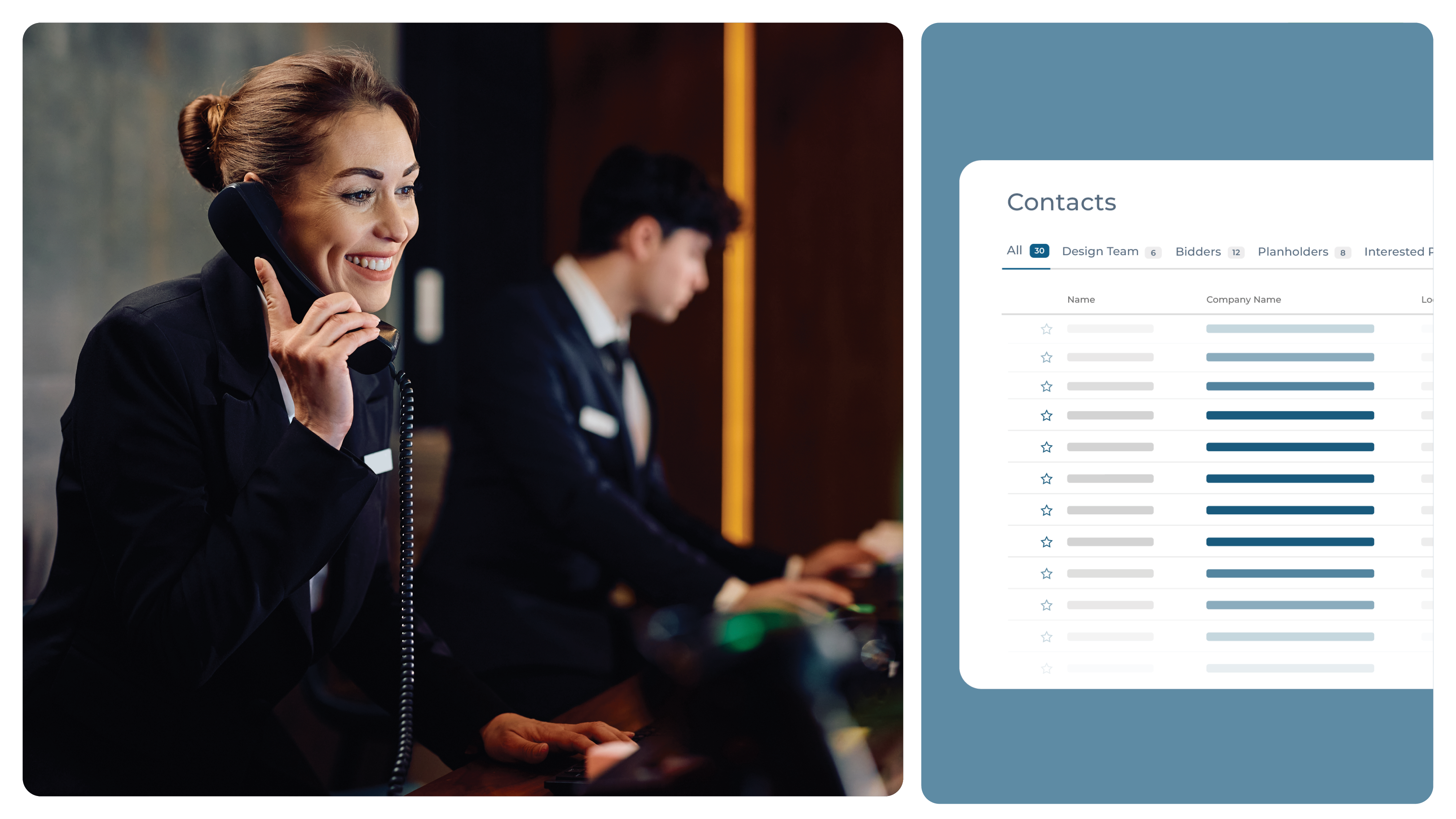 Hotel front desk staff on the phone, with a contact list of construction project stakeholders, design team, bidders, and interested parties for project coordination.