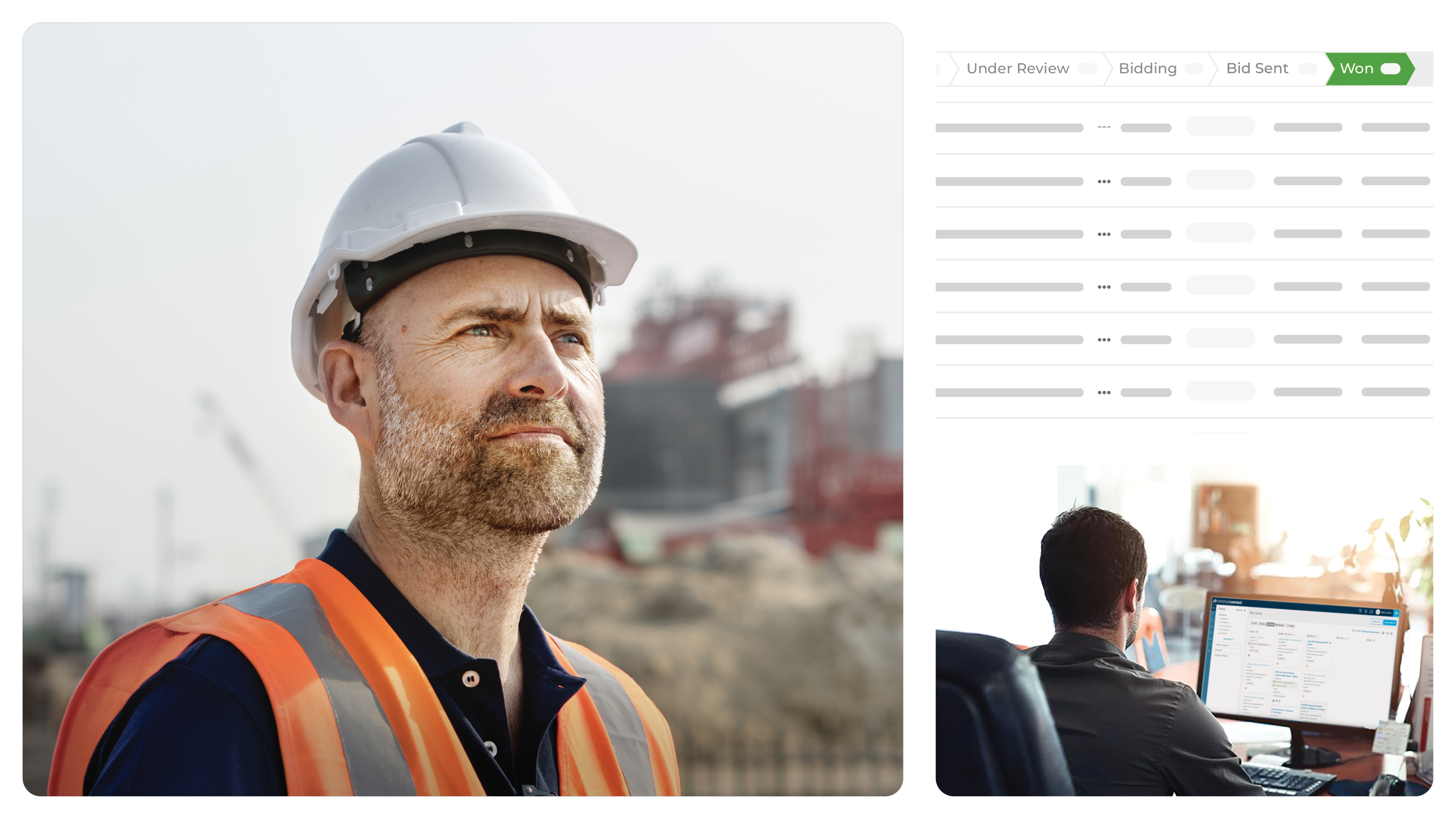 Construction professional on-site, reviewing a bid center dashboard on a computer, showcasing projects bid on and won for streamlined project management