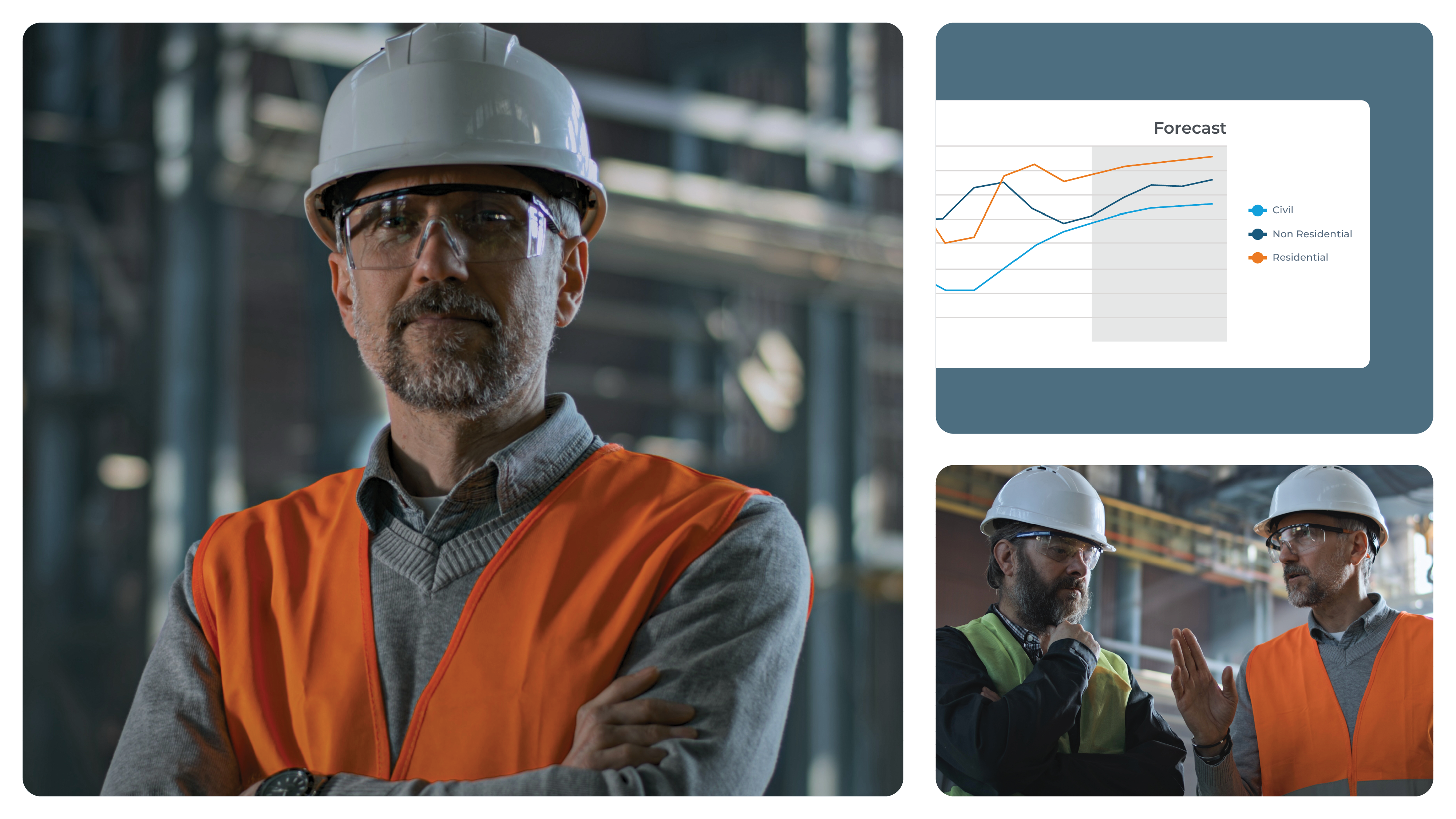 Fournisseurs et professionnels de la distribution travaillant sur place, avec un graphique prévisionnel affichant les tendances des projets de construction pour une planification basée sur les données.