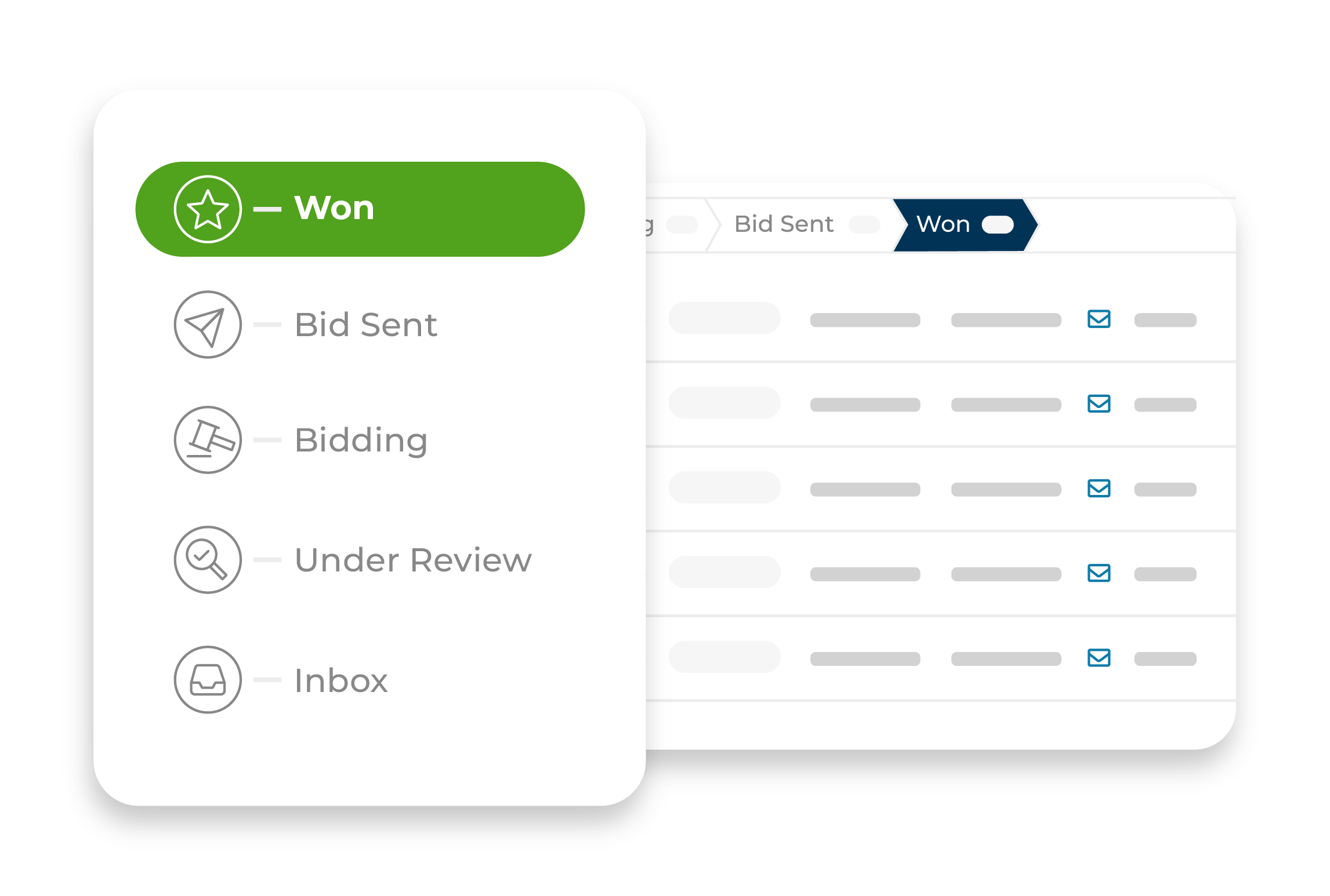 Construction bid center pipeline tracking projects through stages: inbox, under review, bidding, bid sent, and won, highlighting successfully awarded projects.