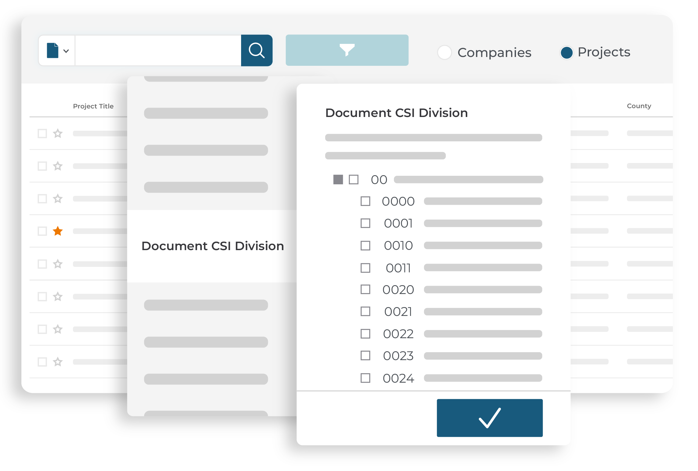 Project search results with advanced search and filtering of documents by CSI division categories for streamlined project management and bid preparation.